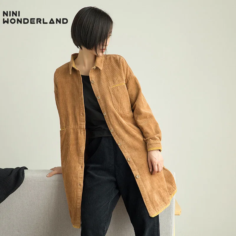 NINI WONDERLAND весенний вельветовый Тренч женский свободный однотонный винтажная