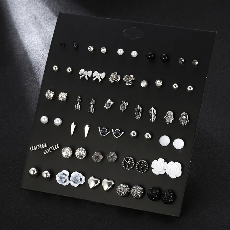 30 Pairs/set Vintage Silver Alloy Crystal Stud Earrings Set Mix For Women Girls Cute White Resin Flower Earring Gifts Jewelry | Украшения и