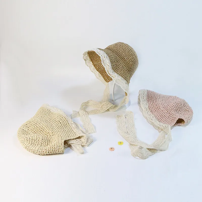 Детские Милые шляпки с бантом ручной работы Соломенная пляжная шляпа полями для
