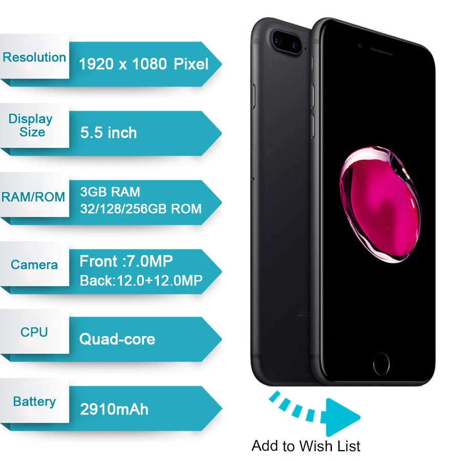 Для Apple iPhone 7 Plus пикселей 3 Гб оперативной памяти 32/128 ГБ/256 ГБ ROM IOS Quad Core 12.0MP камера