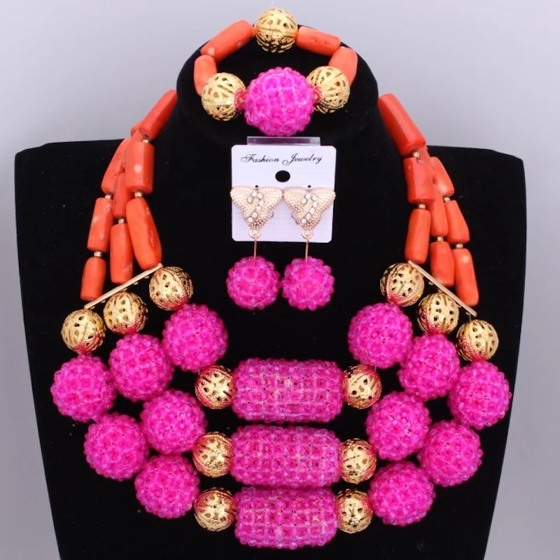 Orange Coral Beads Jewelry Sets Balls Dubai Gold sets For Women 2018 Free Shipping pieces Necklace Bracelet Earrings | Украшения и