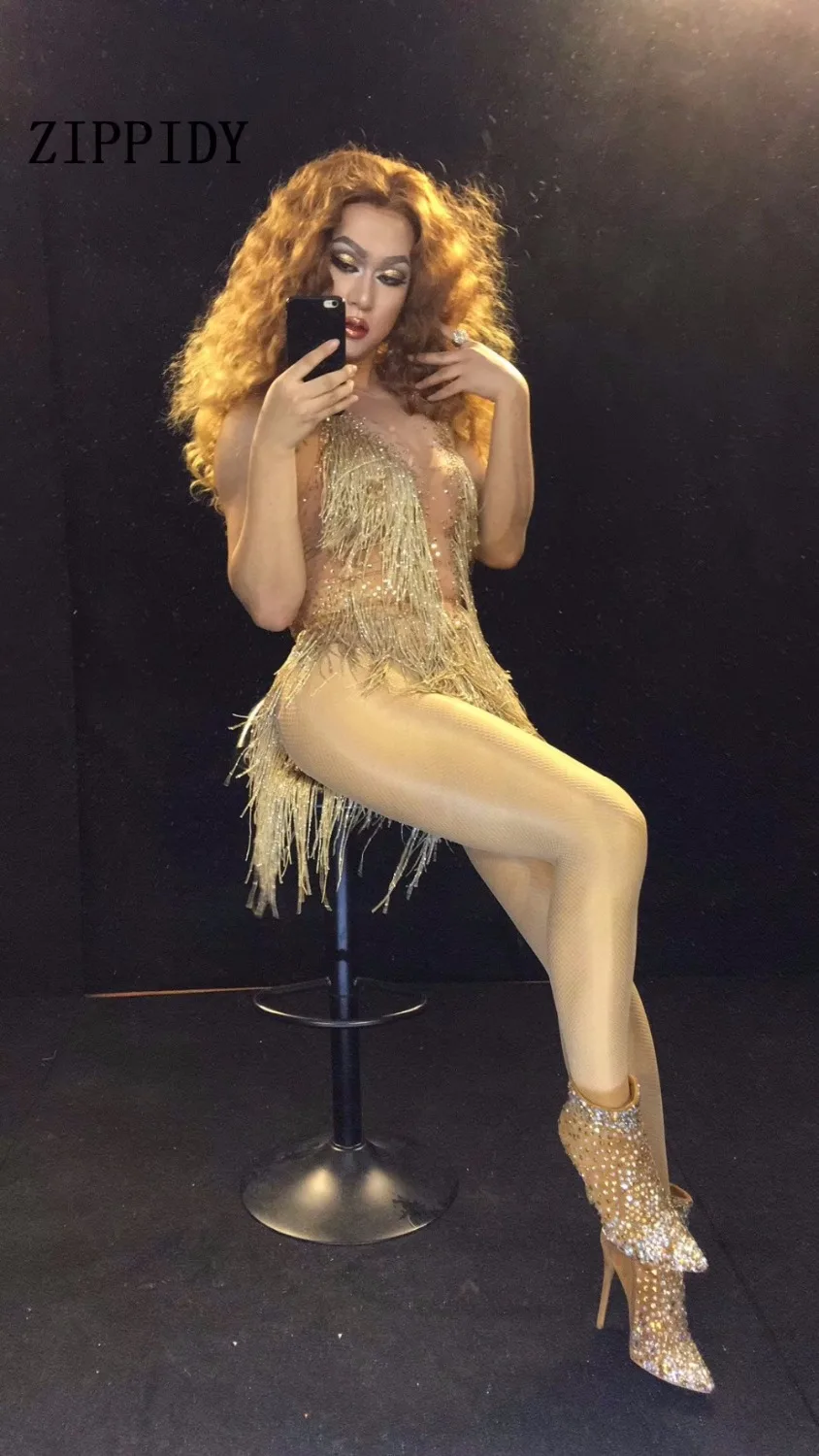Sparkly Gold Tassel Bodysuit Rhinestones Outfit Glisten Beads Costume One-piece Dance Wear Singer Stage Leotard Headdress