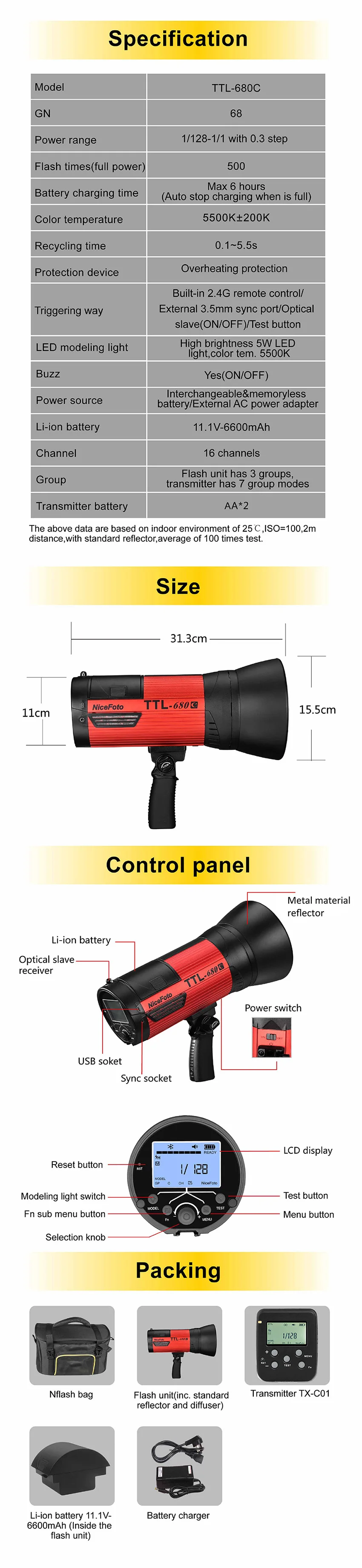 Nicefoto TTL-680C, Портативный Студийный стробоскопический светильник 600Ws, HSS 1/8000, 2,4G, крепление Bowens, Беспроводной студийный стробоскопический светильник