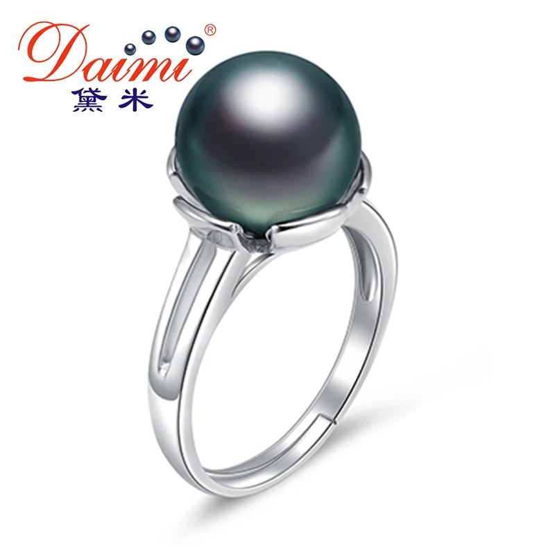 DAIMI 10-11mm Black Natural Tahitian Pearl Jewelry 925 Sterling Silver Ring for women cubic zirconia ring christmas gifts | Украшения и