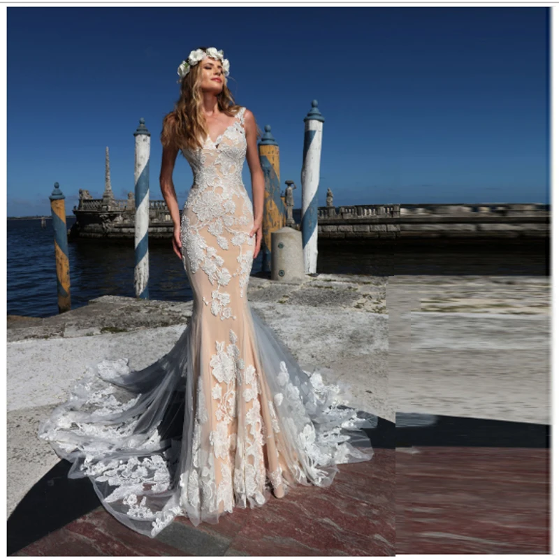 

Smileven Mermaid Boho Wedding Dress Champagne Lace Bride Dresses V Neck Elegant Illusion Back Wedding Bridal Gowns 2019