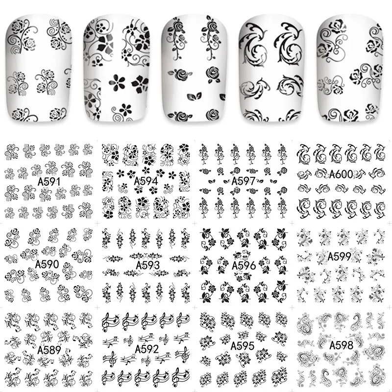 

12 sheets black flower pattern Design Nail Art Water Transfer decals NAIL STICKER SLIDER TATTOO Nail Accessories beauty tools