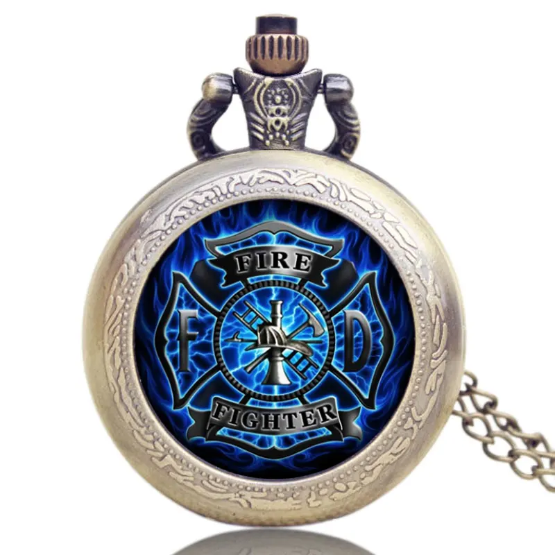 

Fire Fighter Theme Old Antique Bronze Pocket Watch With Chain Necklace Best Gift To Firemen