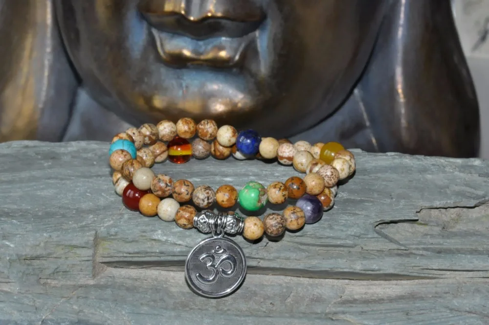 54 Mala бусы OM Йога медитация исцеляющий браслет PictureJasper мантра буддийский mala камень