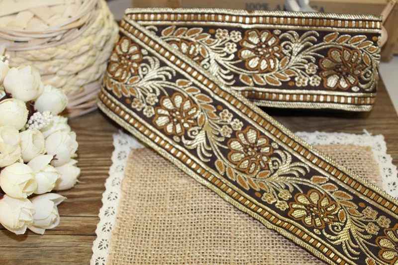 8 ярдов тканая жаккардовая лента 6 см с коричневым цветком|10 yard|jacquard ribbonwoven jacquard