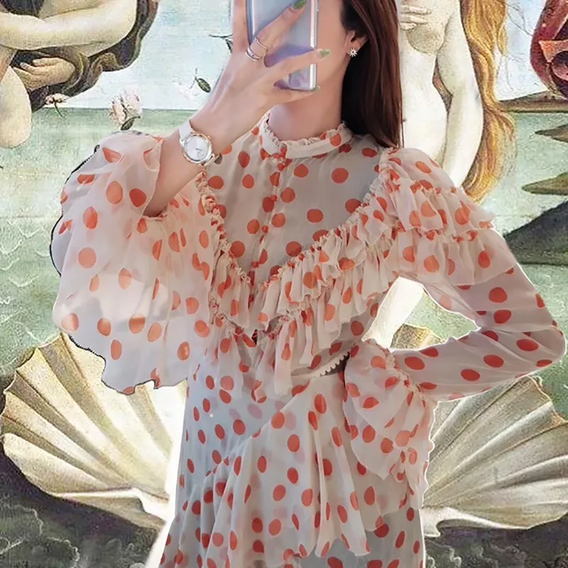 TWOTWINSTYLE элегантное женское платье в горошек стоячий воротник высокая талия