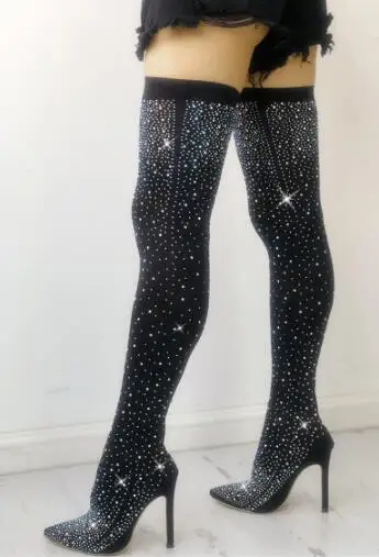 

Spring Hot 2019 Woman Sexy Black Diamond Bling Bling Pointed Toe Thin Heels Slip On Over The Knee Slim Thigh Long Boots Lady