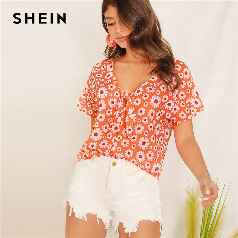 SHEIN, оранжевый топ с завязками на шее, цветочный принт, блузка, женские богемные топы,, с рюшами, короткий рукав, v-образный вырез, летние блузки