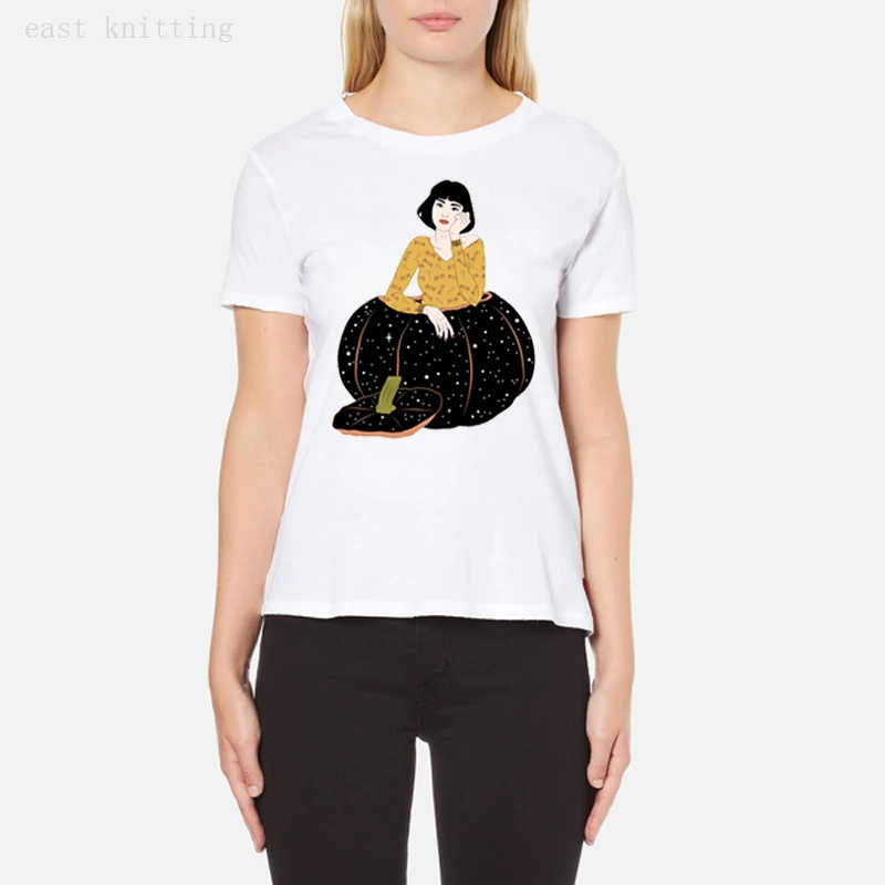 

Women Short Sleeve T-shirt White T Shirt Hipsters Pumpkin Girl Top Tees