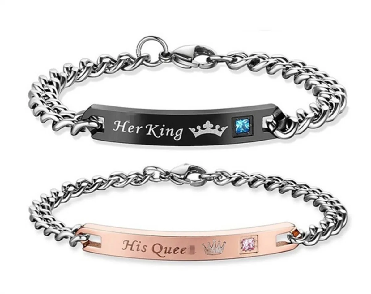 2pcs/set His Queen Her King Black Rose Gold Color Women's Male Chain Crystal Couple Bracelet for Men snap jewelry bracelet femme |