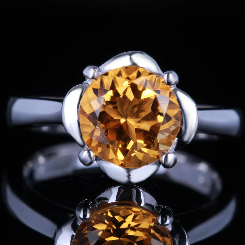 Real 925 Sterling Silver Round Cut 9mm 1.87CT Flawless Genuine Citrinee Engagement Wedding Women Flower Fine Jewelry Ring | Украшения и