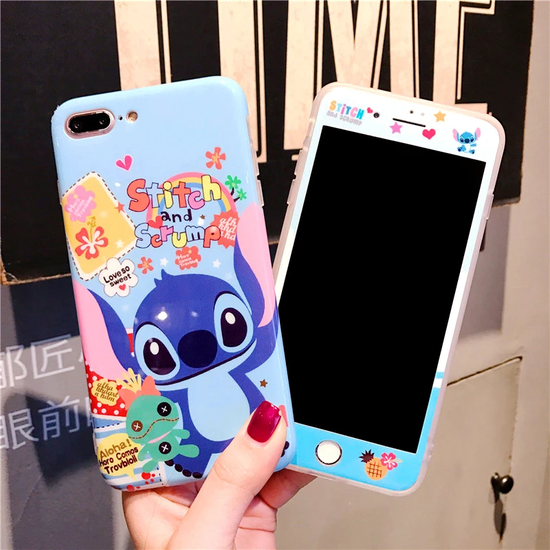 For iphone 7 7plus Cartoon Stitch case Ceramic Cover + Tempered Glass Screen Protector Case for iPhone 8 8plus 6 6s 6SPlus Fudas |