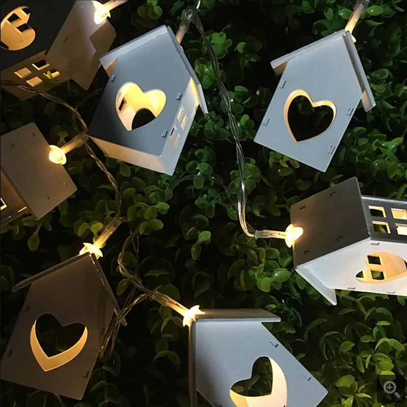 Battery Operated Wooden Home Decoration Deer Star Tree Heart Lighting 10 LED Wood Birdhouse Lights Christmas house style Light | Освещение