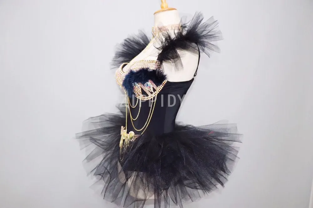 2018 Black Mesh Rhinestones Chains Bodysuit Women's Birthday Celebrate Nightclub Dance Show Outfit Women Singer Prom Outfit