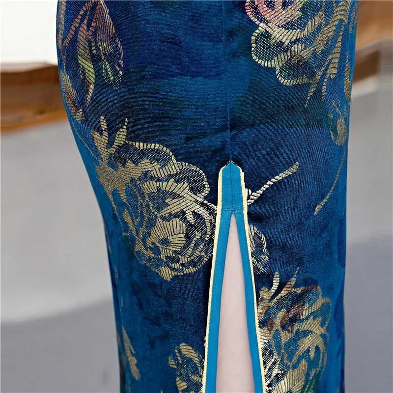 

2019 Spring Knee Length Cheongsam Fashion Chinese style Dress Womens Velour Qipao Slim Party Dresses Lady Button Vestido S-5XL