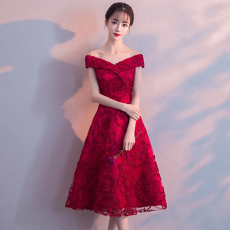

2019 New Sexy Slim Off Shoulder Dress Evening Dress Chinese Wedding Toast Dress Improved Qipao Vestidos Size S-XXL