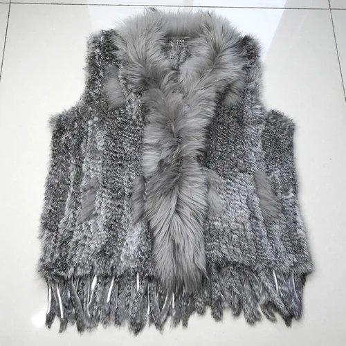 natural grey Лидер продаж, женский жилет из натурального кроличьего меха, повседневный жилет с воротником из натурального меха енота, Женский вязаный жилет ручной работы из натурального кроличьего меха - Цвет: natural grey
