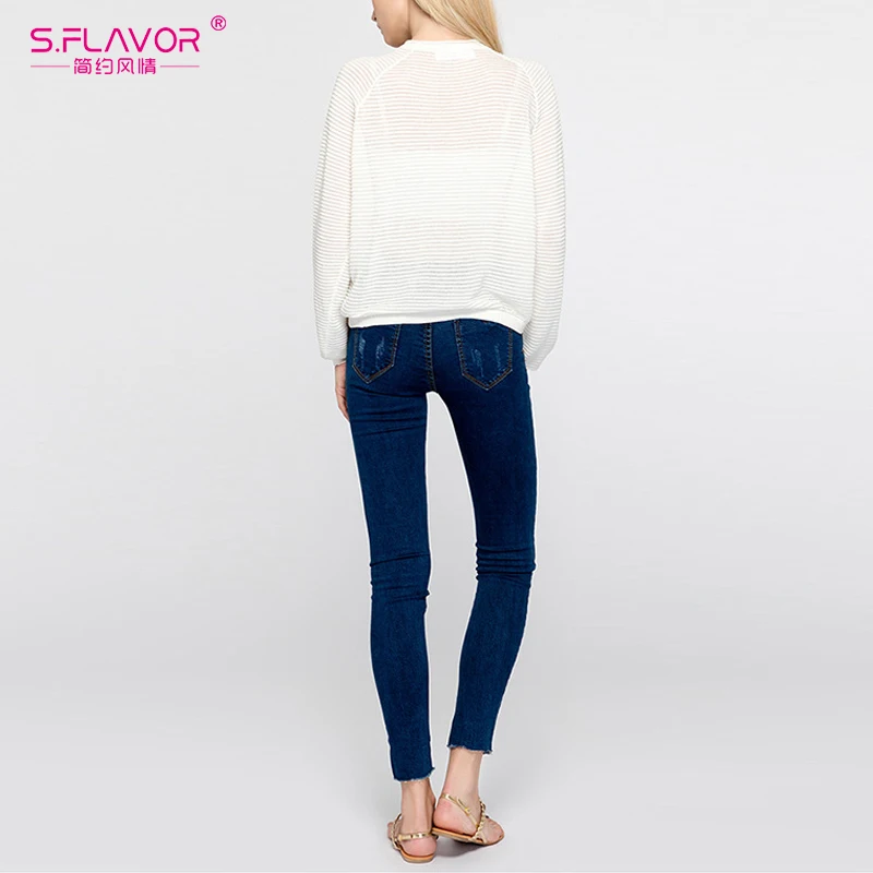 S.FLAVOR Long Sleeve Knitted Short Pullover Women O Neck Casual Brief Thin Sweater Female Autumn Solid Color Sexy Loose | Женская одежда