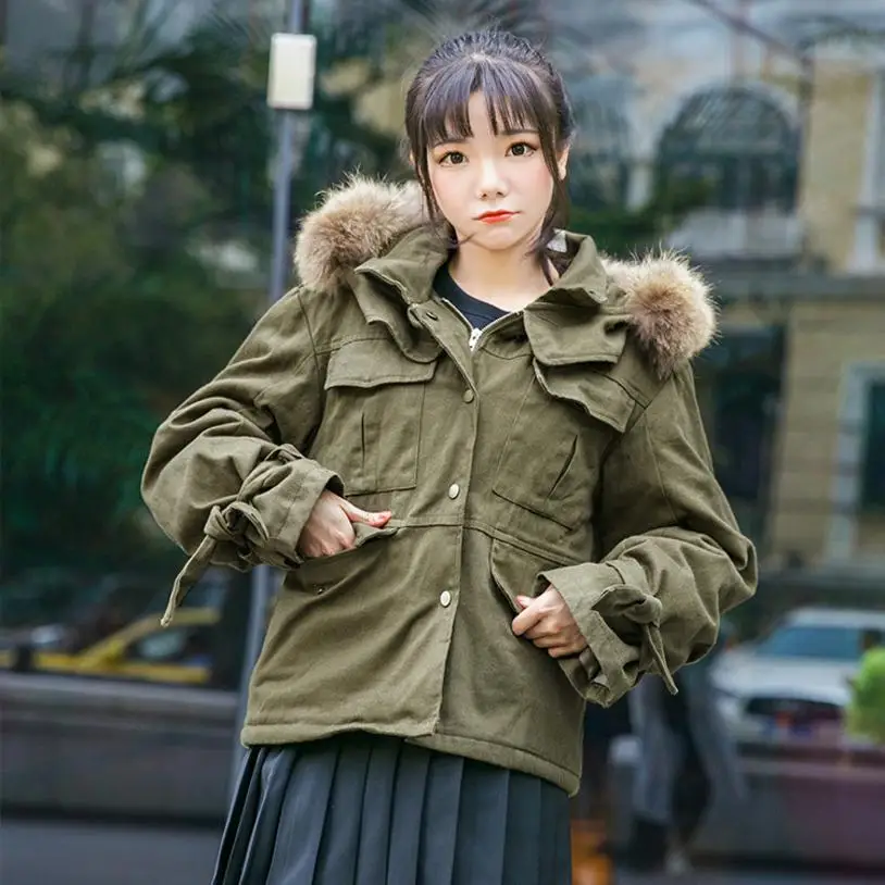 Куртка женская из хлопка с воротником натурального меха на осень/зиму | Женская