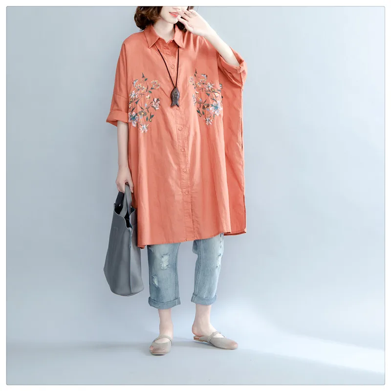 Elseisle Цветочная вышивка блузка рубашка 2017 Осенняя льняная хлопковая Повседневная