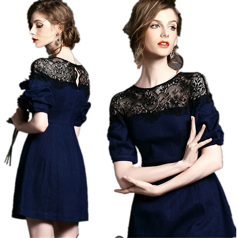 Женщины Лето Dress 2017 Новая Мода Кружева Лоскутное Фонарь Рукав кружева Линия O Шеи