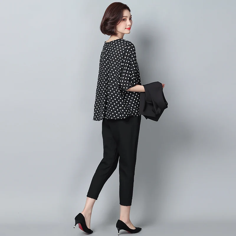 

new large size ladies' pot print fashion three-piece suit loose blouse vest black pants plus size big women clothes casual vesti