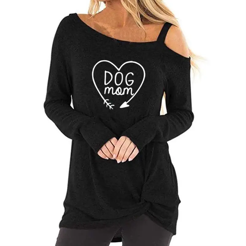 

New Fashion Dog Mom Letters Print T-Shirt For Women Long Sleeve Oblique Shoulder T-Shirt Tops Plus Size Off The Tumblr Cute