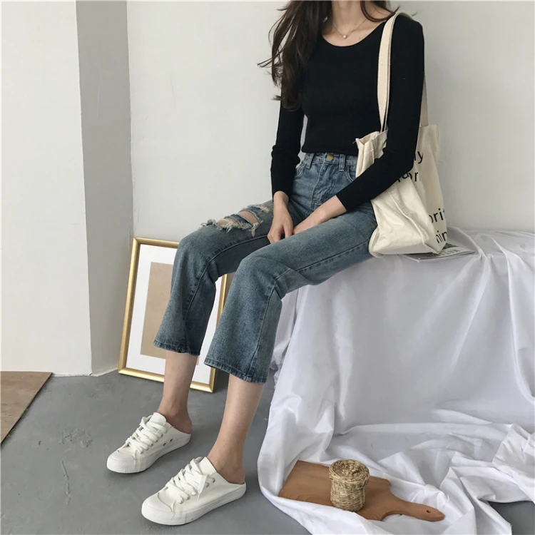 Женские свитера Осенняя блуза в рубчик высокий эластичный длинный рукав свитер с круглым вырезом Женский горчичный желтый Топы зимние пуловеры