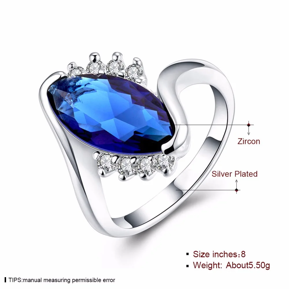 Кольцо с большим камнем синее циркониевое ювелирное изделие кристаллом
