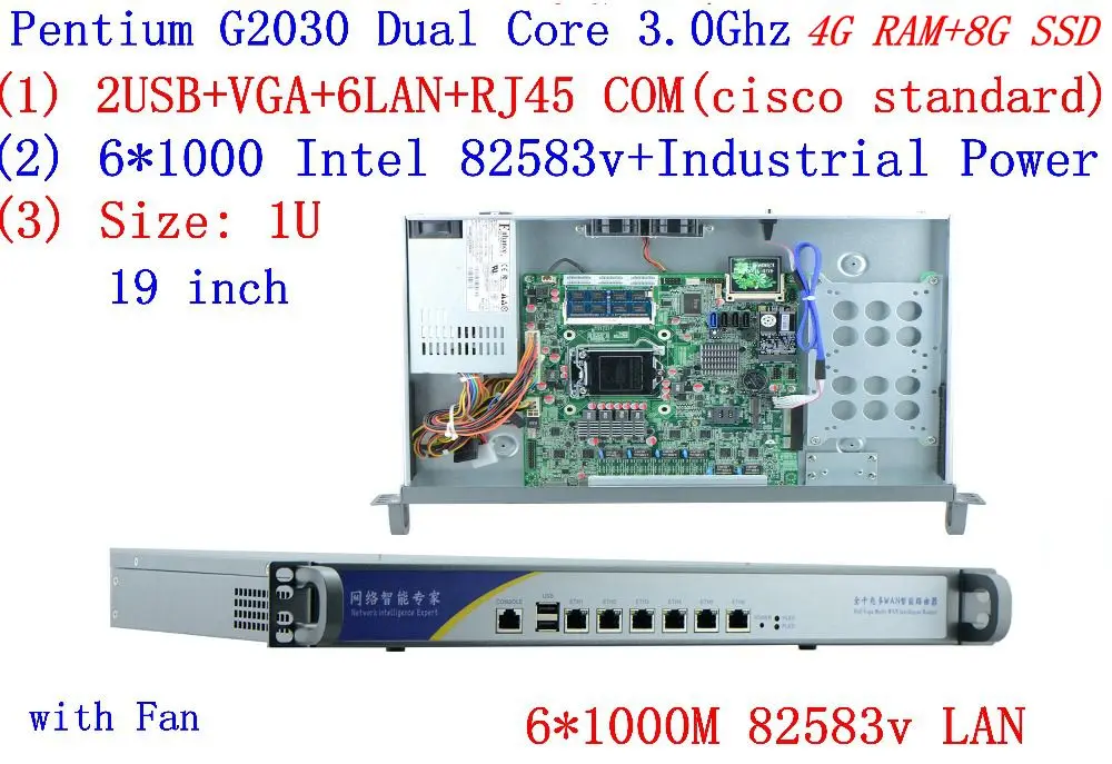 4G RAM 8G SSD Inte G2030 3.0G 1U firewall server with 6 intel 1000M 825853v Gigabit LAN support ROS RouterOS Mikrotik Wayos etc