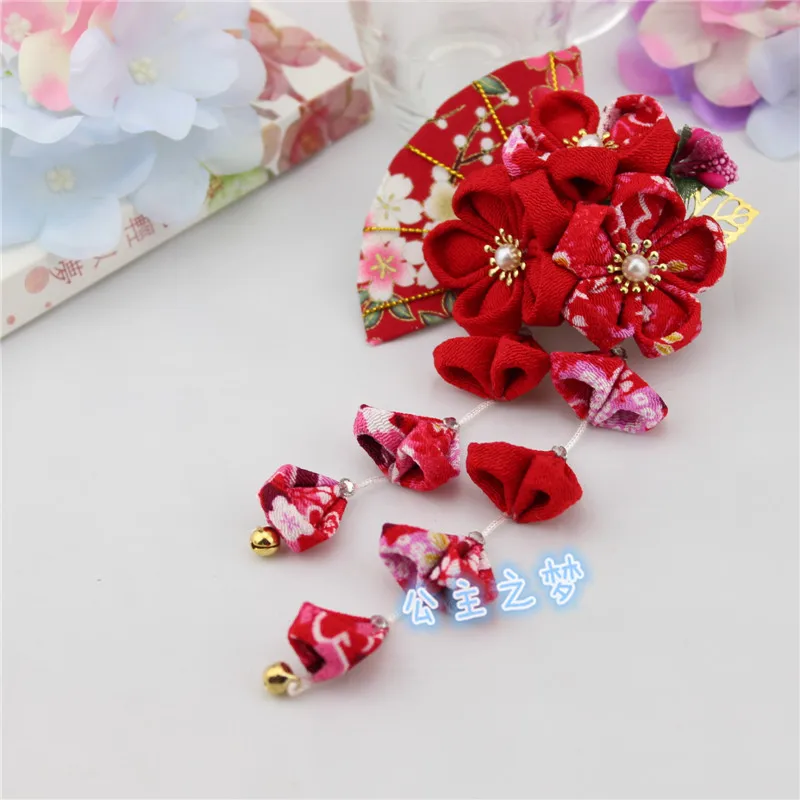 Red Tassel Японский стиль tsuami Kanzashi Розовый Красный кисточки Цветок сакуры веер кимоно аксессуар ручной работы заколка для волос HW002 - Цвет: Red Tassel