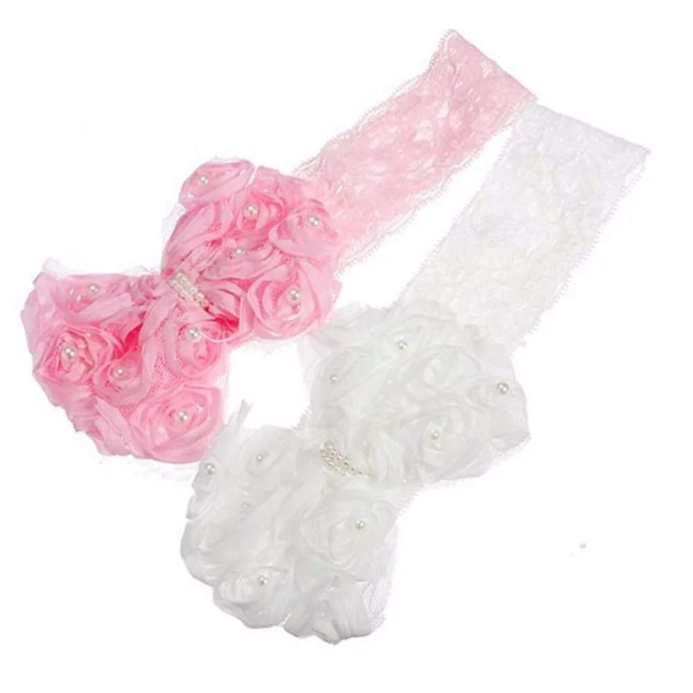 2 шт./лот повязка на голову с кружевным розовым бантом для новорожденных
