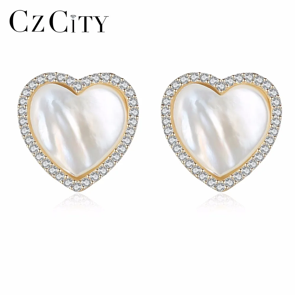 

CZCITY Classic Tiny White Seashell Inlay Heart Shape 925 Sterling Silver Stud Earrings for Women Delicate Earrings Fine Jewelry