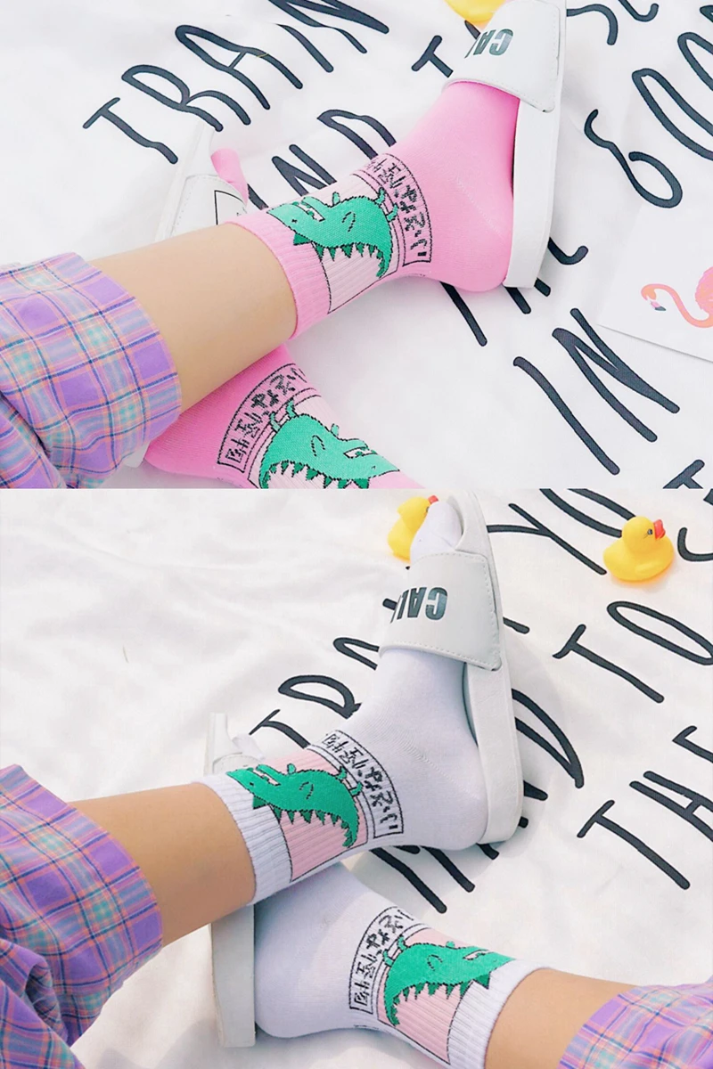 Epous/летние женские хлопковые носки Harajuku с рисунком динозавра из мультфильма