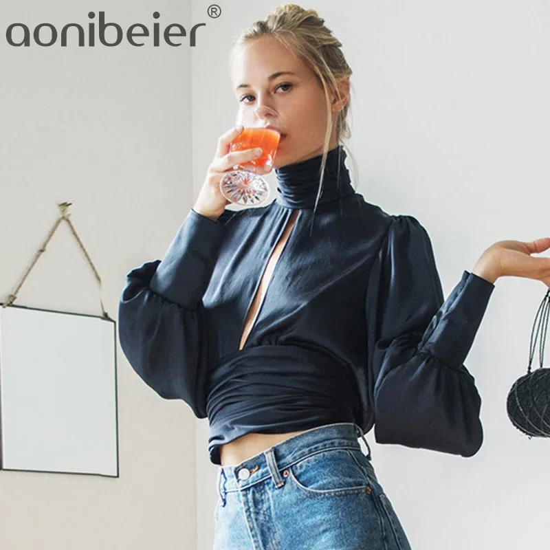 Aonibeier водолазка с пышными рукавами спереди выдалбливают топы для женщин Мода весна осень сзади на шнуровке Женская Однотонная футболка