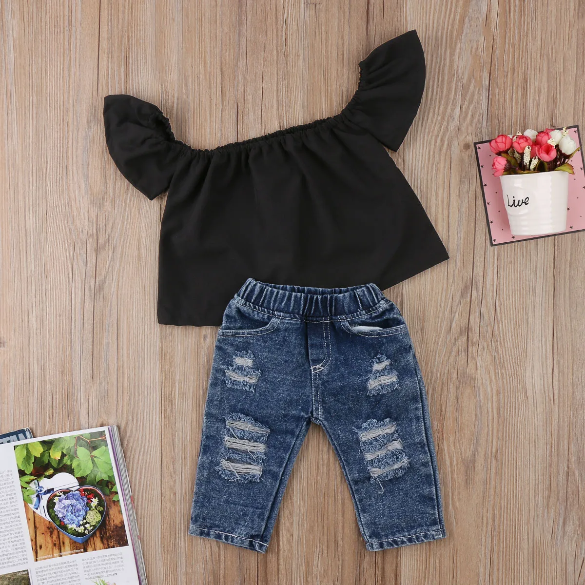 

Lovely 2PCS Toddler Kids Baby Girls Clothes Outfits Solid T-shirt Tops Denim Pants Set Fashion Casual Raglan Sleeve Clothing