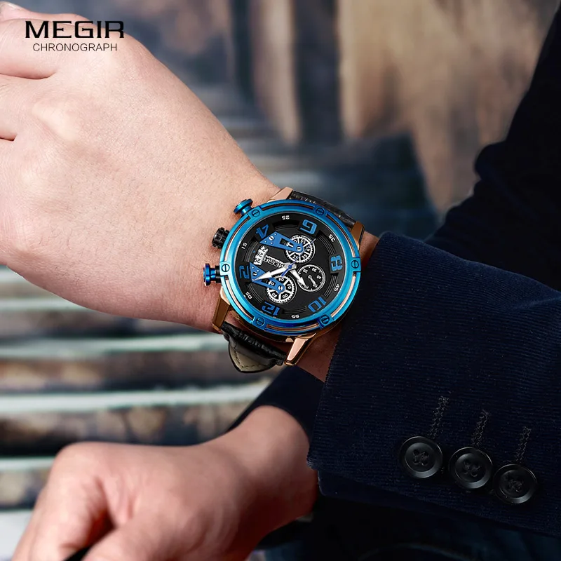Часы наручные Megir Мужские кварцевые с кожаным ремешком и хронографом синие