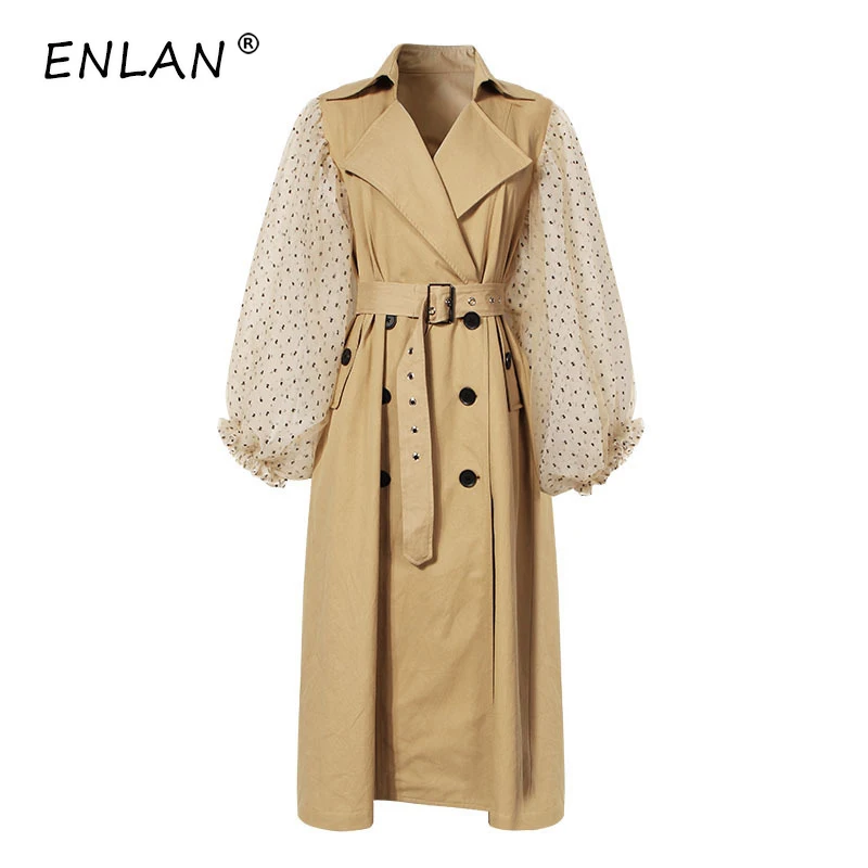 2019 Autumn Winter High Quality Polka Dot Mesh Lantern Sleeves Double breasted Khaki Fashion Long Trench Coat for Women Belted | Женская