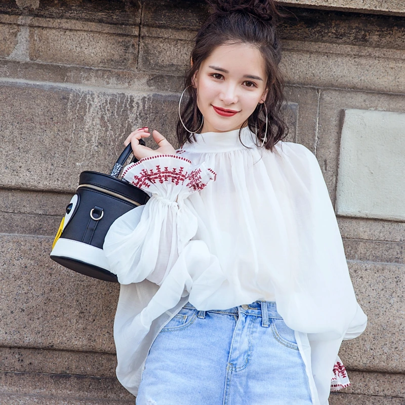 2018 new big yards women long sleeve shirt embroidered loose hollow out pure color v-neck lantern | Женская одежда