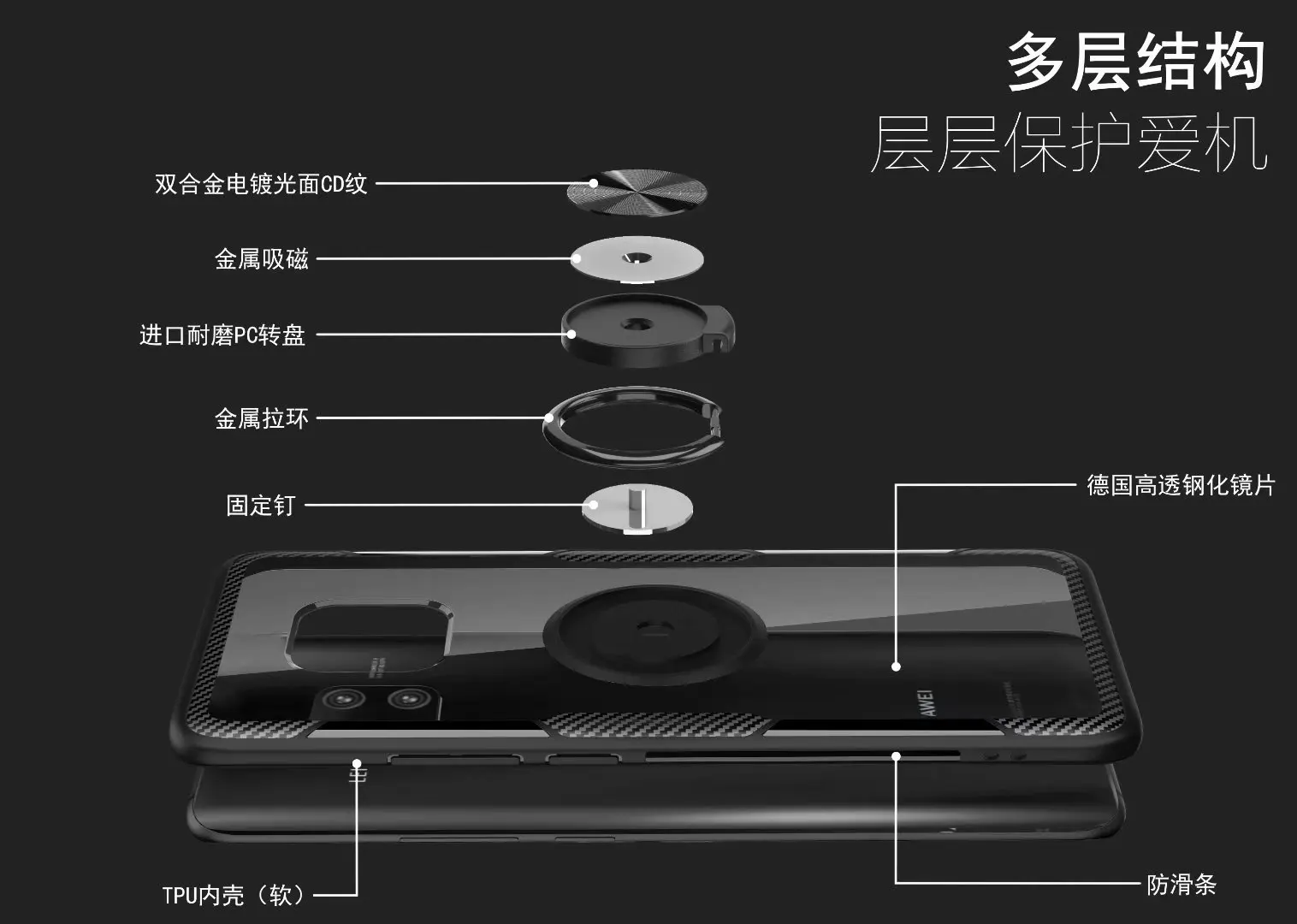 Чехол для Huawei Mate 20 Pro с кольцом подставкой магнитный Прозрачный ударопрочный