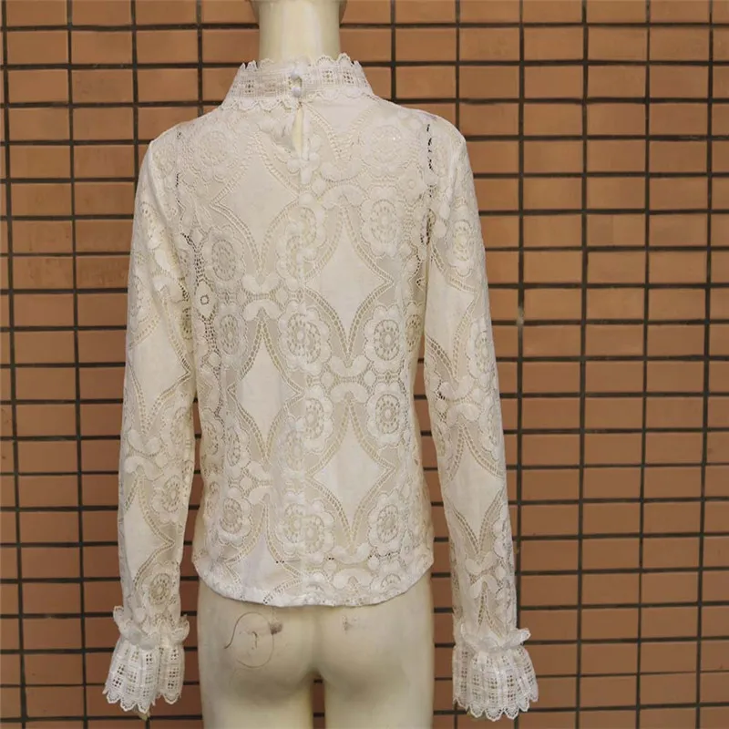 

2021 Blouse Women's Fashion Lace Hollow Slim Blouses Long Sleeve White Shirt Tops Stylish Womens Tops And Blouses O-neck New