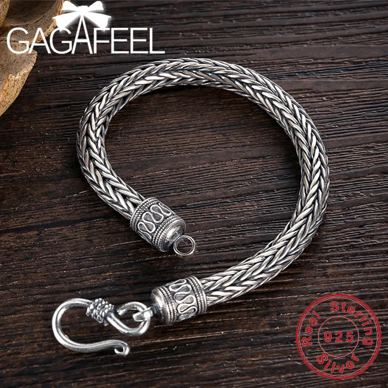 Мужские браслеты GAGAFEEL из настоящего чистого 925 пробы серебра, пеньковая веревка, винтажное тайское серебро ручной работы, мужские ювелирные изделия, прекрасный подарок