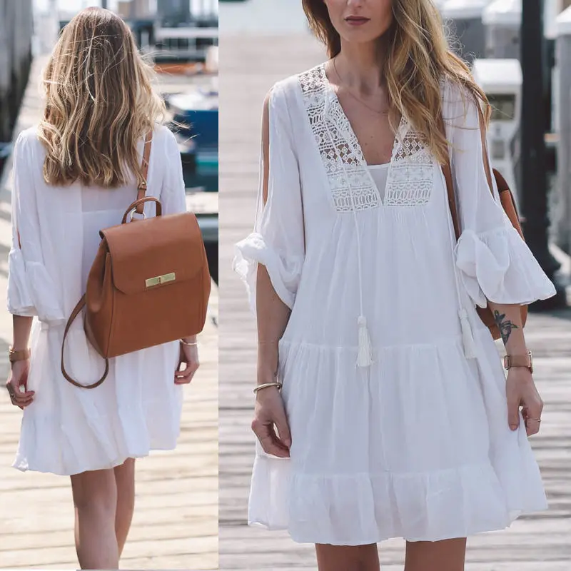 

Women Dress Summer Casual Long Sleeve Party Beach Dress Short Mini Dress White V neck Fashion 2018 Summer style