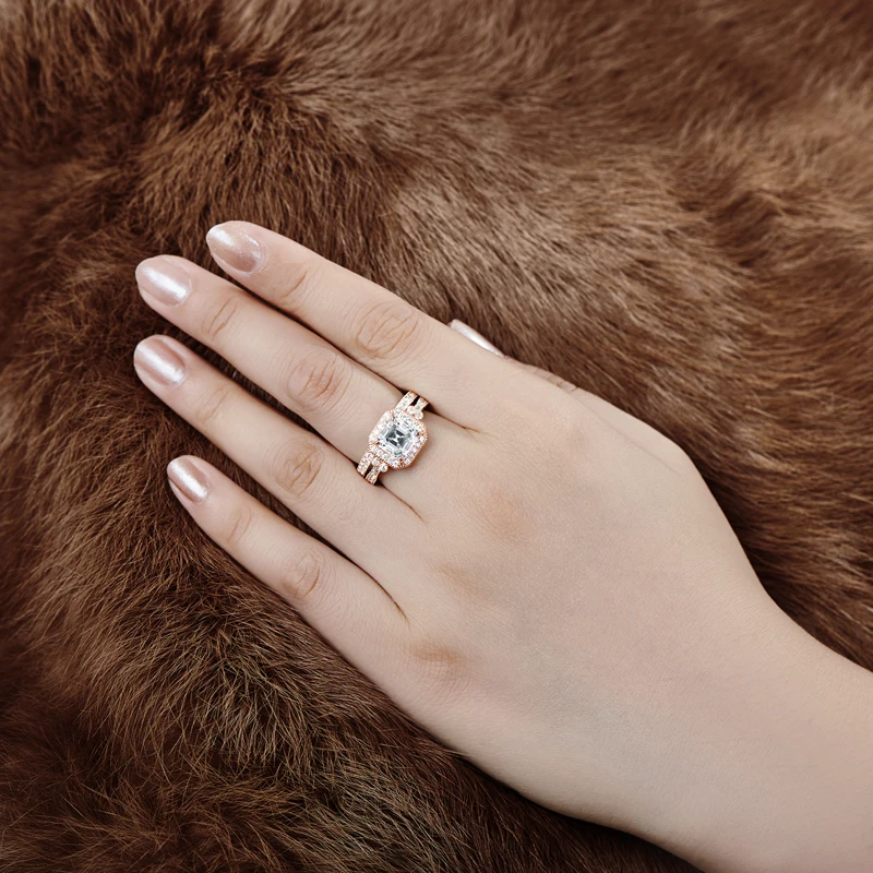AINUOSHI 3 карата огранка камня «asscher Cut» Halo Кольцо Набор обручальное кольцо с искусственным бриллиантом Свадебный набор серебряных колец ювелирные изделия для женщин