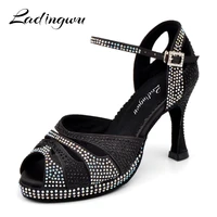 dance shoes latin womens shoes high platform glitter rhinestone and women satin ballroom dance sandals high heels 9cm black