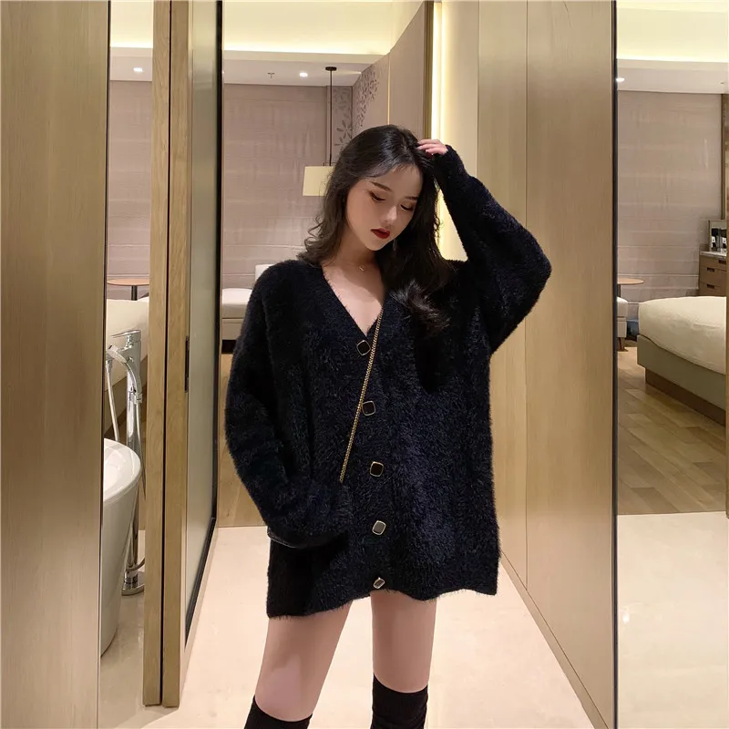 Sweater Women Spring Loose Lazy Wind Thicken Long Sleeve Plush Cardigan Blouse V-neck Knit Casual Simple Solid Color Top C050 |